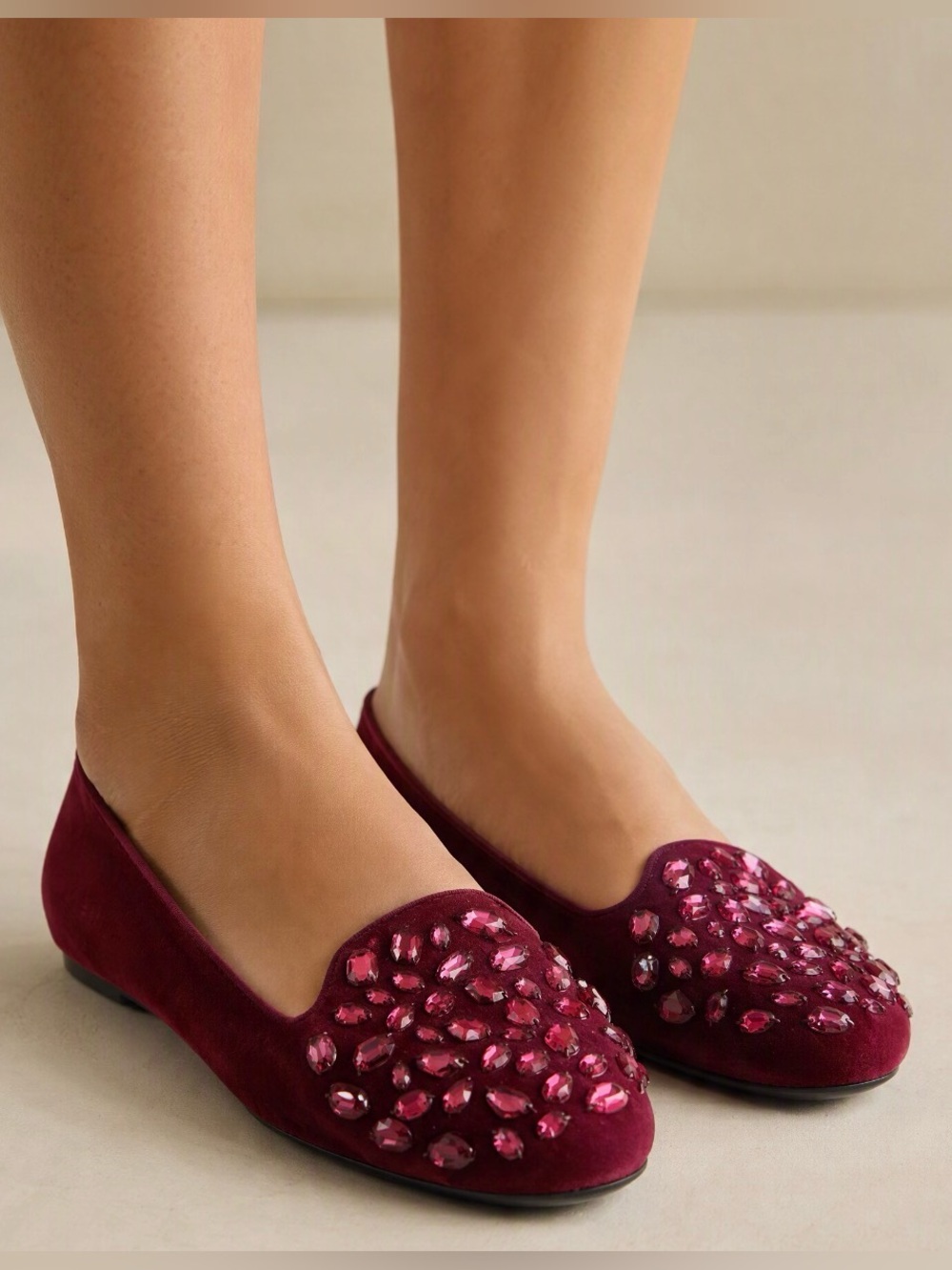 Tahari Burgundy Velvet Jeweled Flats